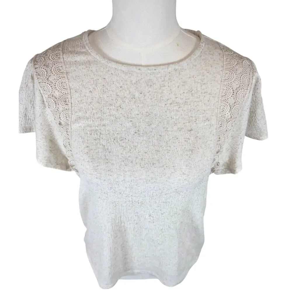 Fred David Cream Crepe Blouse w/Ruffle Short Sleeve & Crochet Detail